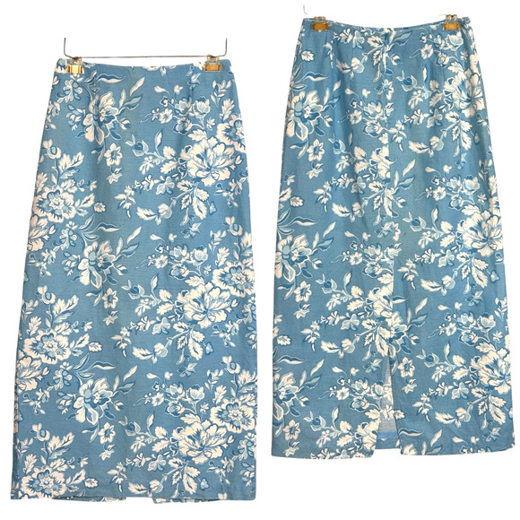 VTG Pencil Maxi Skirt 6 Blue Floral Linen Preppy Grandmillennial Coastal Chic - Picture 1 of 11